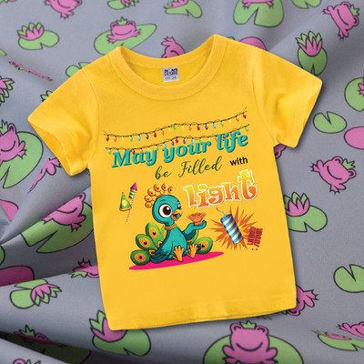 MOMS DESIRE Baby Boys & Baby Girls Printed Cotton Blend Regular T Shirt(Yellow, Pack of 1)