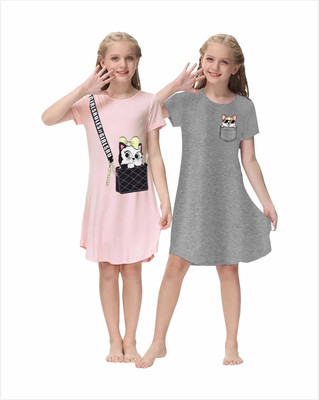 KEESOR Girls Printed Cotton Blend Regular T Shirt(Multicolor, Pack of 2)