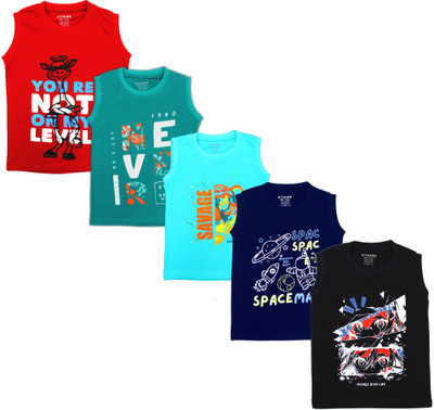 THINK Boys & Girls Printed Pure Cotton Regular T Shirt(Black, Multicolor, Pack of 5)