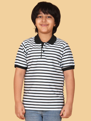 BUTRU Boys Striped Cotton Blend Regular T Shirt(White, Pack of 1)