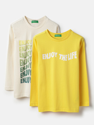 United Colors of Benetton Baby Boys Typography Pure Cotton Regular T Shirt(Yellow, Beige, Pack of 2)