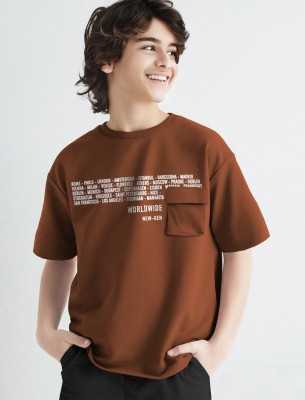 TRIPR Boys Typography Cotton Blend Oversized T Shirt(Brown, Pack of 1)