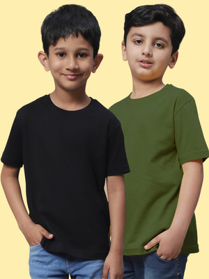 FBAR Boys Solid Pure Cotton Regular T Shirt(Black, Pack of 2)