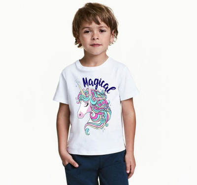 KPPRINT Boys & Girls Printed Cotton Blend Regular T Shirt(White, Pack of 1)