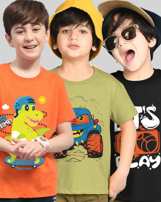 AOOSH Boys Printed Cotton Blend Regular T Shirt(Black, Orange, Pack of 3)