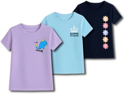 M Queen Girls Solid, Printed Cotton Blend Regular T Shirt(Multicolor, Pack of 3)