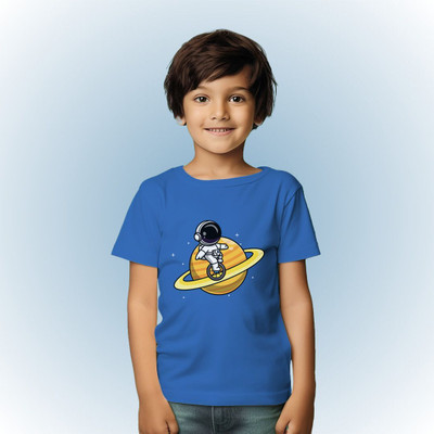 littlehaathee Boys Printed Pure Cotton Regular T Shirt(Blue, Pack of 1)