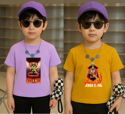 Lecowar Boys Printed, Graphic Print Polyester Regular T Shirt(Purple, Yellow, Pack of 2)