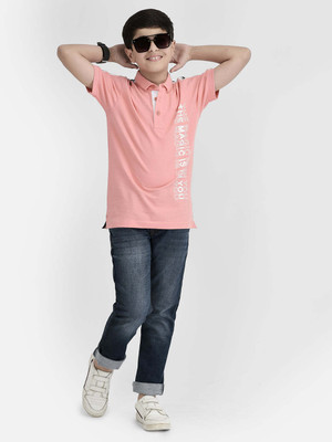 CRIMSOUNE CLUB Boys Self Design Cotton Blend Regular T Shirt(Pink, Pack of 1)