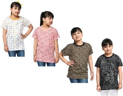 KAVYA Girls Printed Polycotton Regular T Shirt(Multicolor, Pack of 4)