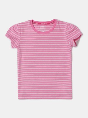 JOCKEY Girls Striped Cotton Blend T Shirt(Blue, Pack of 1)