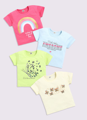 TINY BINY Girls Printed Pure Cotton Regular T Shirt(Multicolor, Pack of 4)