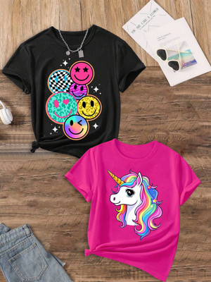KEESOR Girls Printed Cotton Blend Regular T Shirt(Multicolor, Pack of 2)
