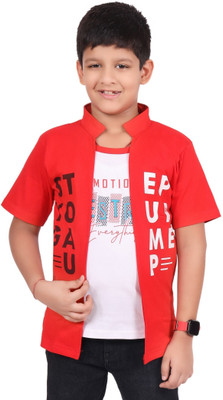 ETWO Boys Typography Pure Cotton Regular T Shirt(Red, Pack of 1)