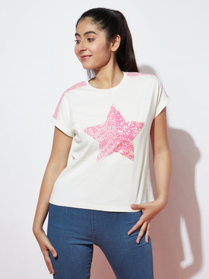 Spunkies Girls Printed Organic Cotton Regular, Slim T Shirt(White, Pack of 1)
