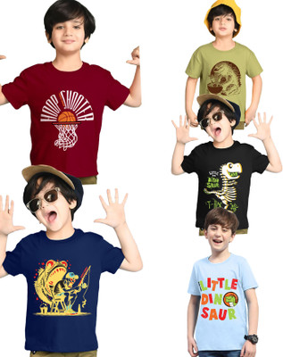 Kiddy Viddy Boys Graphic Print Cotton Blend Regular T Shirt(Black, Maroon, Pack of 5)