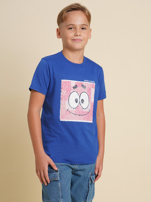 Jack & Jones Junior Boys Printed Cotton Blend Regular T Shirt(Blue, Pack of 1)