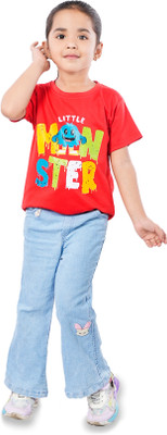 tiny hugs Girls Printed Polyester Regular T Shirt(Red, Pack of 1)