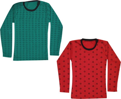 KAVYA Girls Printed Wool Blend Regular T Shirt(Multicolor, Pack of 2)