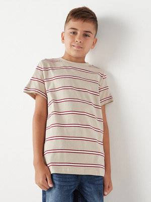 JUNIORS by Babyshop Boys Striped Pure Cotton Regular T Shirt(Beige, Pack of 1)