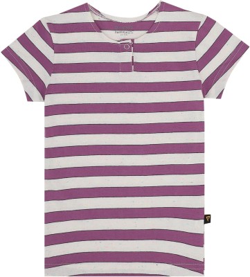 PROTEENS Girls Striped Pure Cotton T Shirt(Purple, Pack of 1)