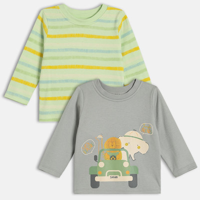 MINI KLUB Baby Boys Printed Pure Cotton Regular T Shirt(Green, Pack of 2)