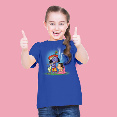 Mahifashion trend Girls Printed Polyester Oversized T Shirt(Blue, Pack of 1)