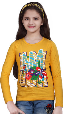 SINI MINI Girls Typography, Printed Pure Cotton Regular T Shirt(Yellow, Pack of 1)