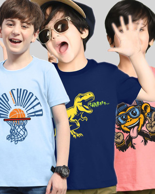 ENITOR Boys Printed Cotton Blend Regular T Shirt(Pink, Light Blue, Pack of 3)