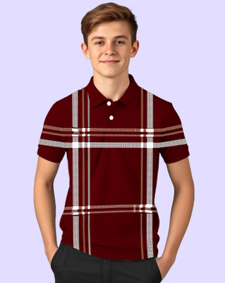 AUSK Boys Checkered Cotton Blend Regular T Shirt(Maroon, Grey, Pack of 1)