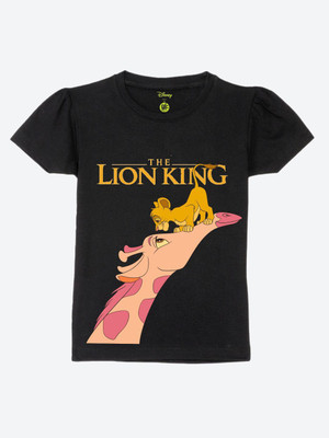 YK Disney Girls Printed Cotton Blend Regular T Shirt(Black, Pack of 1)