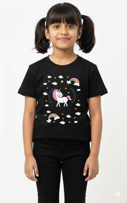R and S Creations Girls Printed Pure Cotton Regular T Shirt(Black, Pack of 1)