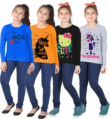 MIST N FOGG Girls Printed Cotton Blend Regular T Shirt(Multicolor, Pack of 4)