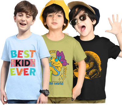 Kiddy Viddy Boys Printed Cotton Blend Regular T Shirt(Green, Light Blue, Pack of 3)
