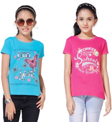 Veecap Girls Printed Pure Cotton Regular T Shirt(Multicolor, Pack of 2)