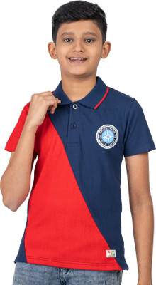 Diego Felipe Boys Printed, Colorblock Pure Cotton Slim T Shirt(Dark Blue, Red, Pack of 1)