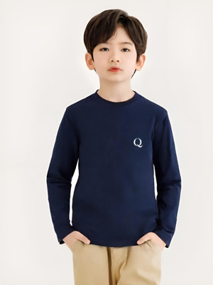 QYLA Boys & Girls Solid Cotton Blend Regular T Shirt(Dark Blue, Pack of 1)