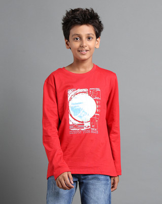 Under Fourteen Only Boys Graphic Print Pure Cotton Regular T Shirt(Maroon, Pack of 1)