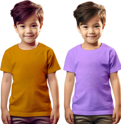 RAR Boys & Girls Solid Polycotton Regular T Shirt(Yellow, Purple, Pack of 2)