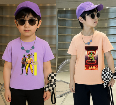 Lecowar Boys Printed Polyester Regular T Shirt(Purple, Pink, Pack of 1)