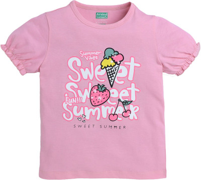 Arvind Garments Girls Graphic Print Pure Cotton Regular T Shirt(Pink, Pack of 1)