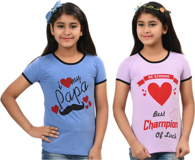 INDIA FASHION FAB Girls Printed Pure Cotton Regular T Shirt(Multicolor, Pack of 2)