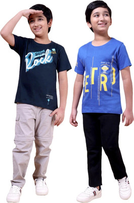 FREEZEANDFROST Boys Printed Cotton Blend Regular T Shirt(Dark Blue, Blue, Pack of 2)