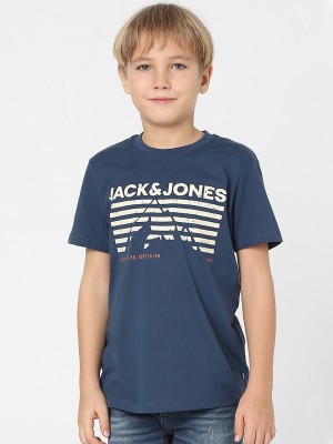 Jack & Jones Junior Boys Typography, Printed Cotton Blend T Shirt(Dark Blue, Pack of 1)