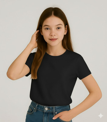 Wearax Girls Solid Cotton Blend Regular T Shirt(Black, Pack of 1)