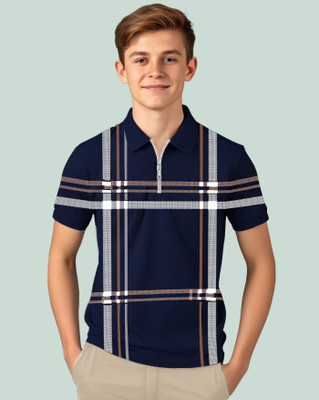 AOOSH Boys Checkered Cotton Blend Regular T Shirt(Blue, Grey, Pack of 1)