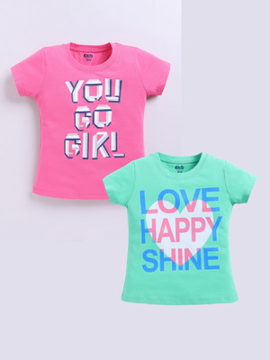 KIDCITY Girls Graphic Print Cotton Blend Regular T Shirt(Multicolor, Pack of 2)