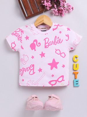 Happy Faces Baby Girls Cartoon Pure Cotton Regular T Shirt(Pink, Pack of 1)