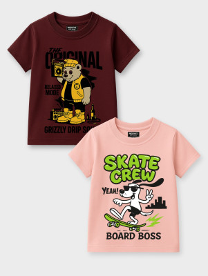 MEKNYE KIDS Boys Printed Pure Cotton Regular T Shirt(Multicolor, Pack of 2)