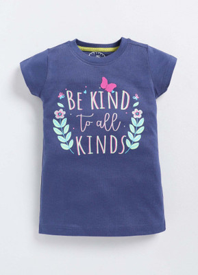 Parrot Crow Girls Printed Pure Cotton Regular T Shirt(Dark Blue, Pack of 1)